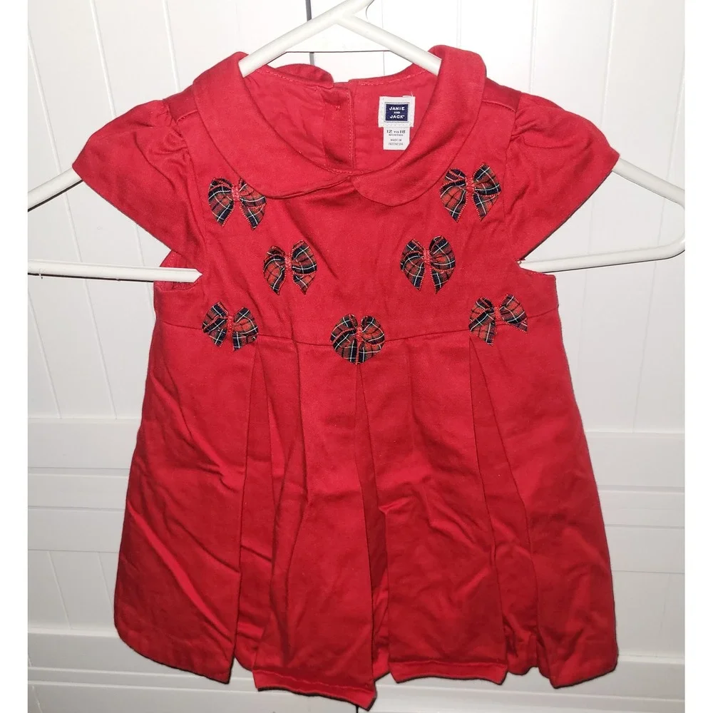 Janie‎ and Jack Red Plaid Bow Pleated Dress Girls 12 18 Months Christmas Holiday